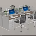 Modern Office Desk Workstations With Divider Panels Ergonomic Chairs Computer Monitors And Potted Plants