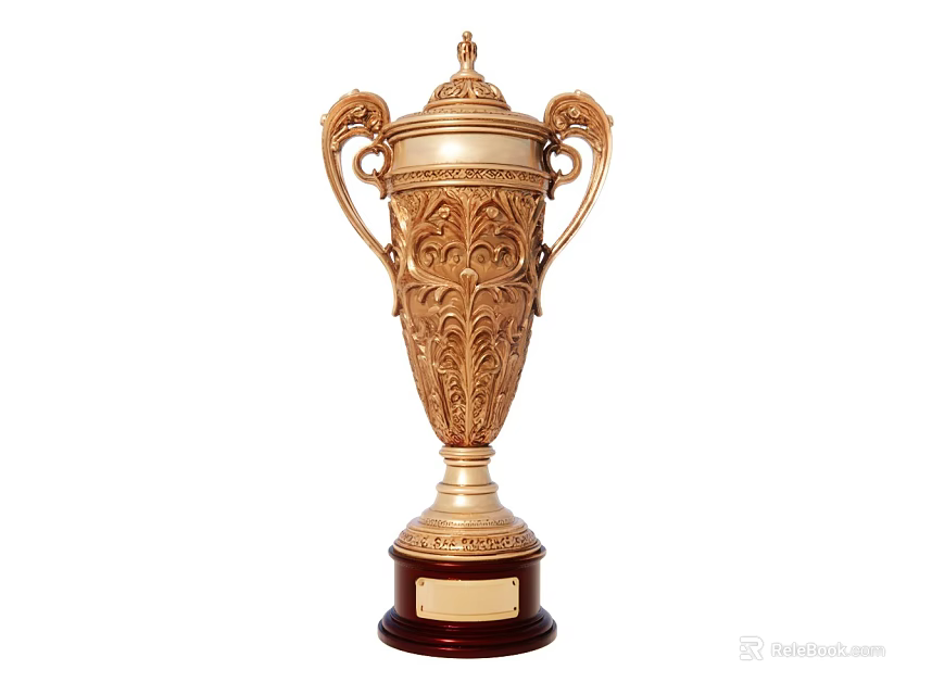 Golden Carved Ornamental Decorative Set With Twin Handles Floral Patterns Wooden Base And Plaque 3d model 