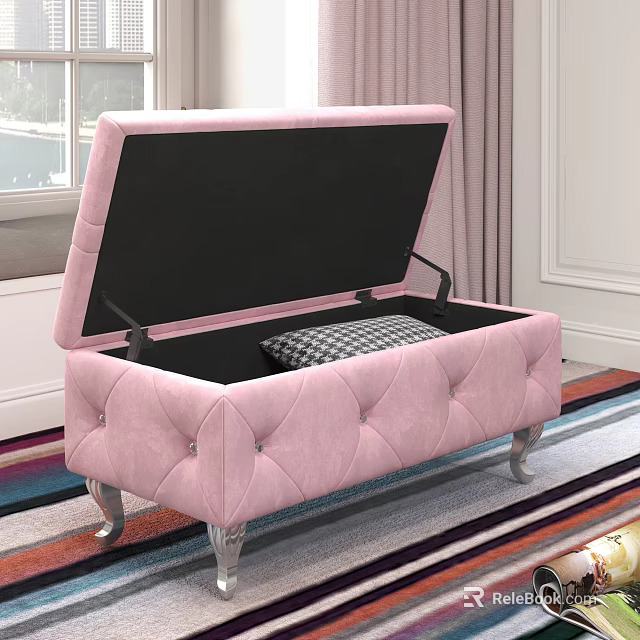 Pink Tufted Storage Ottoman With Open Lid Checkered Cushion Silver Legs On Colorful Striped Rug 3d model 