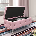 Pink Tufted Storage Ottoman With Open Lid Checkered Cushion Silver Legs On Colorful Striped Rug