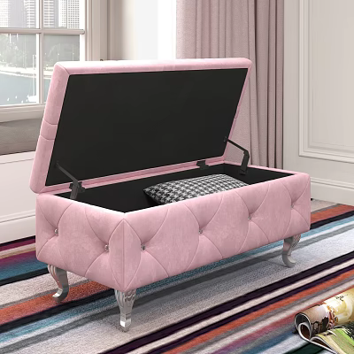 Pink Tufted Storage Ottoman With Open Lid Checkered Cushion Silver Legs On Colorful Striped Rug 3d model