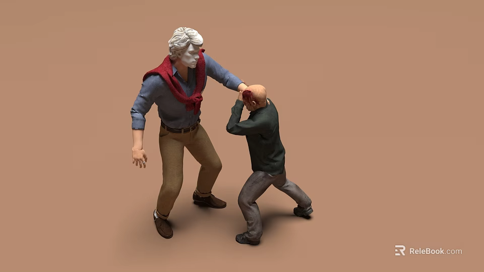 Two Male Figurines Interacting Physically White Haired With Red Scarf And Dark Clothed 3d model 