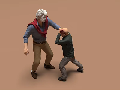 Two Male Figurines Interacting Physically White Haired With Red Scarf And Dark Clothed 3d model