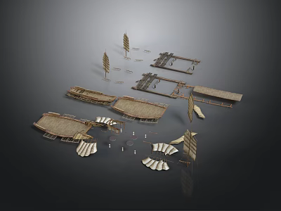 Detailed Ancient Wooden Boats Exploded View With Multiple Components And Parts 3d model