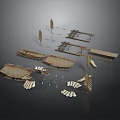 Detailed Ancient Wooden Boats Exploded View With Multiple Components And Parts