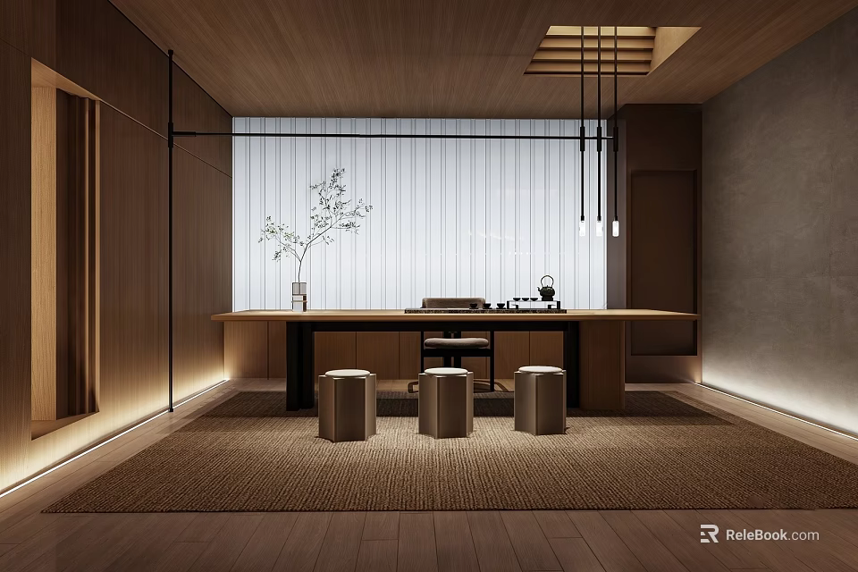 Serene Modern Tea Room Interior With Wooden Long Table Stools Potted Plants And Natural Light 3d model 