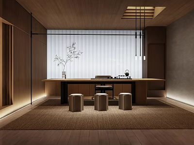 Serene Modern Tea Room Interior With Wooden Long Table Stools Potted Plants And Natural Light 3d model