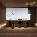 Serene Modern Tea Room Interior With Wooden Long Table Stools Potted Plants And Natural Light