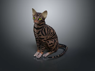 Striped Cat With Bright Green Eyes Sitting On Gray Background In Studio Light 3d model