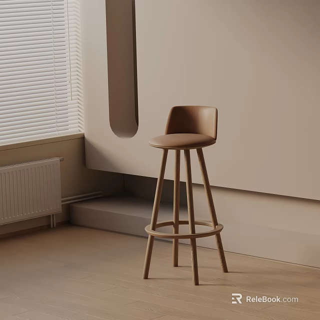 Brown Minimalist Bar Stool With Wooden Legs And Crossed Structure Near Window Blinds 3d model 