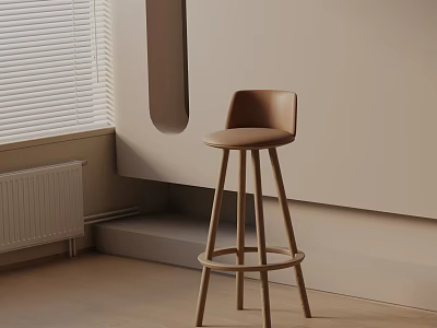Brown Minimalist Bar Stool With Wooden Legs And Crossed Structure Near Window Blinds 3d model