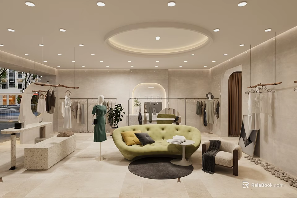 Modern Clothing Store Interior With Clothing Racks Mannequins Green Sofa And Warm Lighting 3d model 