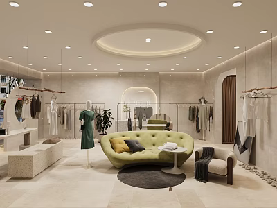 Modern Clothing Store Interior With Clothing Racks Mannequins Green Sofa And Warm Lighting 3d model