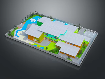 Cartoon Resort Scene With Colorful Buildings Swimming Pool Green Lawn And Palm Trees 3d model