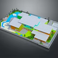 Cartoon Resort Scene With Colorful Buildings Swimming Pool Green Lawn And Palm Trees