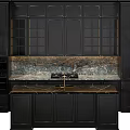 Elegant Modern Kitchen With Black Glass Front Cabinets Gold Accents And Marble Countertop
