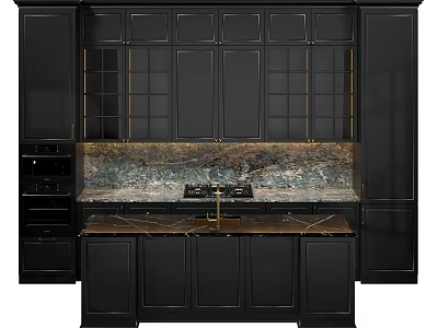 Elegant Modern Kitchen With Black Glass Front Cabinets Gold Accents And Marble Countertop 3d model