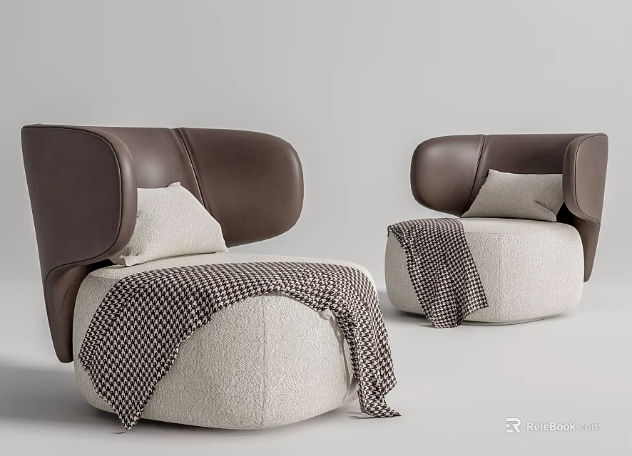 Single Sofa With Brown Backrest Beige Seat And Plaid Blanket Pillow 3d model