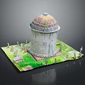 Historic Ancient Stone Dome Architectural Model Featuring Surrounding Grass And Monuments