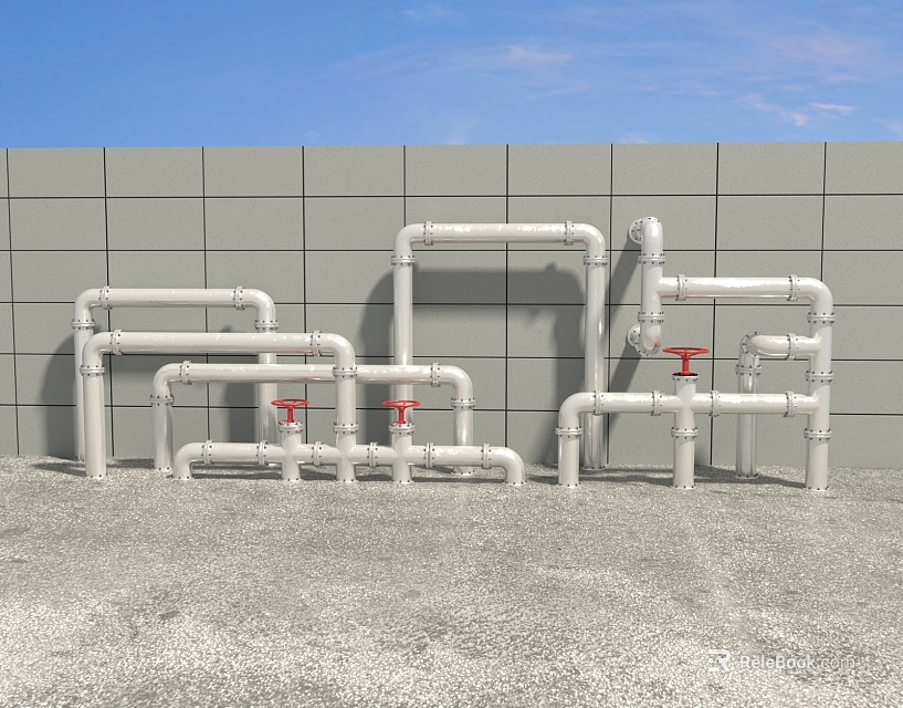 White Pipes Structure With Red Valves Against Gray Wall And Gray Concrete Floor 3d model 