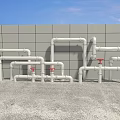 White Pipes Structure With Red Valves Against Gray Wall And Gray Concrete Floor