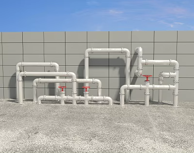 White Pipes Structure With Red Valves Against Gray Wall And Gray Concrete Floor 3d model