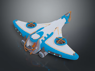 Futuristic Blue And White Aircraft With Transparent Cockpit Orange Accents And Wheels 3d model