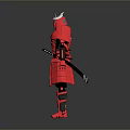 Red Samurai Warrior In Armor With White Horns And Black Details Standing