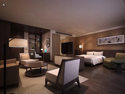 Cozy Modern Hotel Guest Room With Bed Sofa Coffee Table TV And Wooden Walls 3d model
