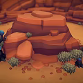 Desert Canyon Natural Landscape With Red Rock Formations Sand Dunes And Scattered Plants