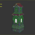 Cartoon Scene Stone Tower With Blue Roof Arched Windows And Gray Base