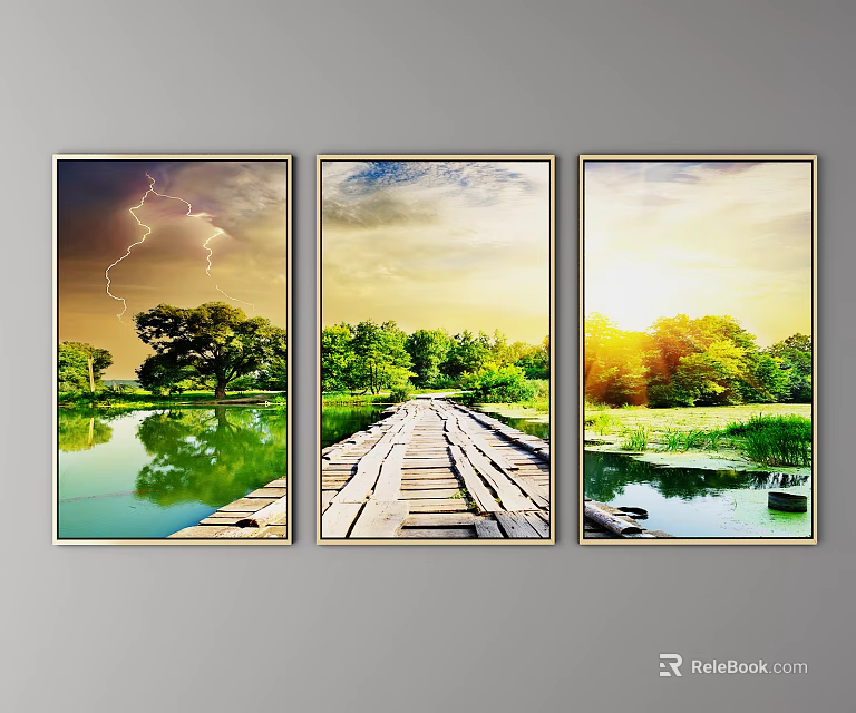 Three Landscape Paintings With Lightning Wooden Bridge Sunset Lake Trees And Reflection 3d model 