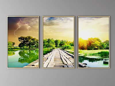 Three Landscape Paintings With Lightning Wooden Bridge Sunset Lake Trees And Reflection 3d model