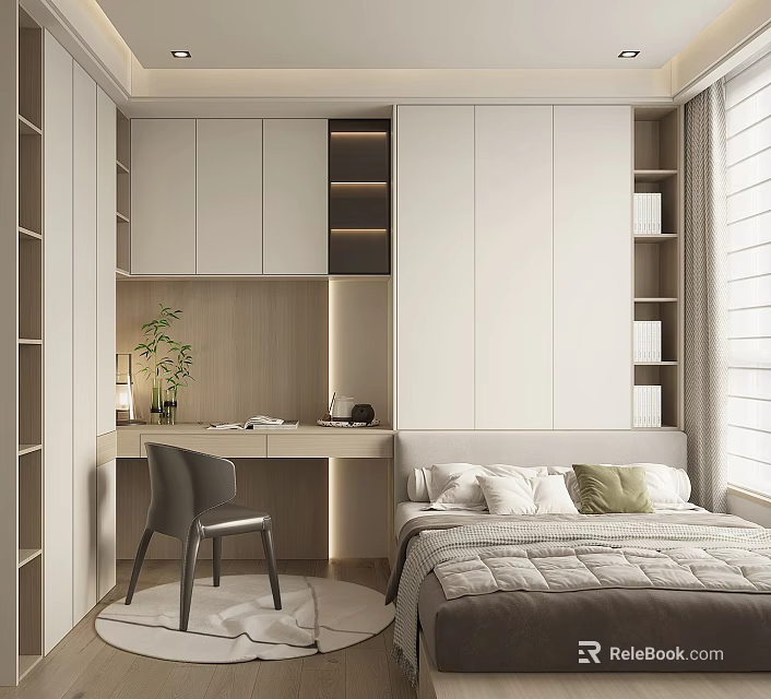 Modern Tatami Bedroom Interior with Built in Cabinets Desk Chair Green Plant and Window 3d model 