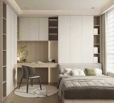 Modern Tatami Bedroom Interior with Built in Cabinets Desk Chair Green Plant and Window 3d model