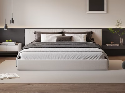 Modern Double Bed With White Headboard Gray Bedding Nightstands Green Plants And Pendant Lights 3d model