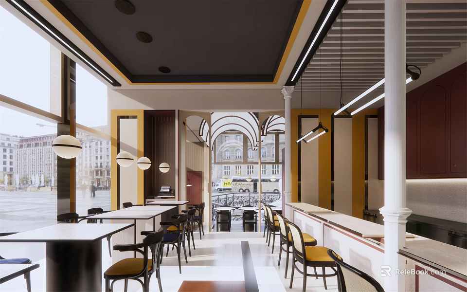 Modern Restaurant Interior With Arch Windows Pendant Lights And Wooden Dining Tables 3d model 