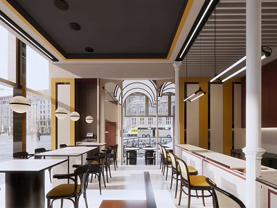 Modern Restaurant Interior With Arch Windows Pendant Lights And Wooden Dining Tables 3d model