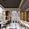 Modern Restaurant Interior With Arch Windows Pendant Lights And Wooden Dining Tables