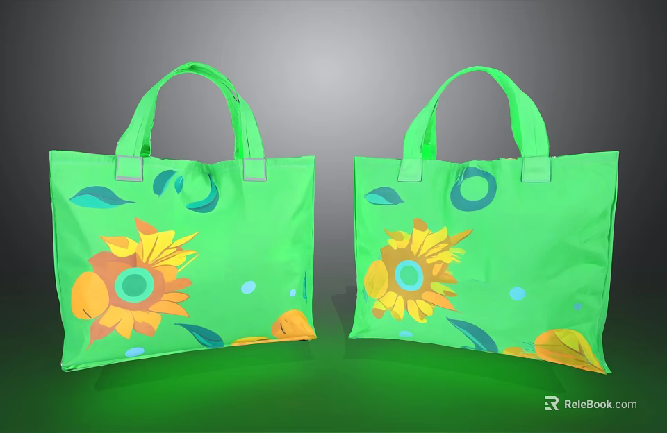 Vibrant Green Tote Bags Featuring Sunflower Patterns Blue Leaves and Dots Design 3d model 