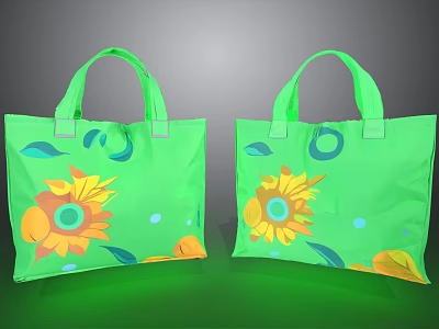 Vibrant Green Tote Bags Featuring Sunflower Patterns Blue Leaves and Dots Design 3d model