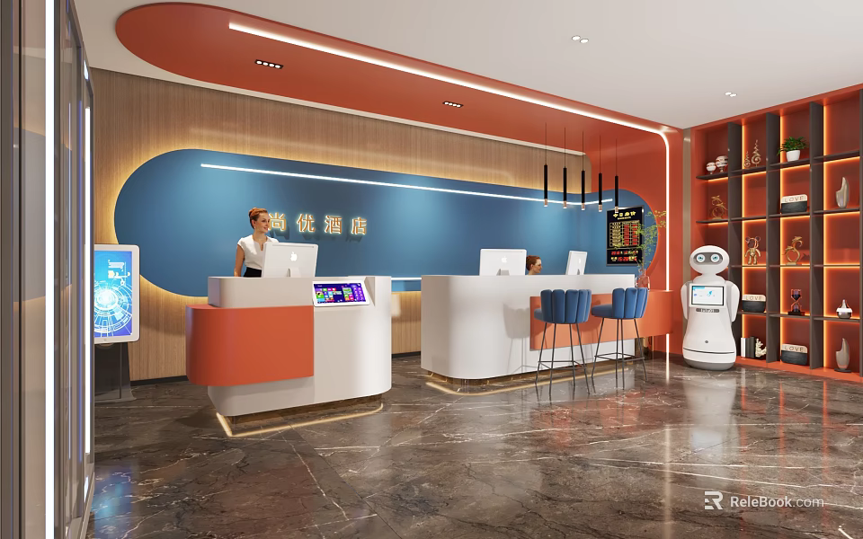 Modern Hotel Lobby Design With Orange White Reception Desk Service Robot And Blue Accent Wall 3d model 