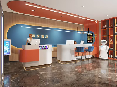 Modern Hotel Lobby Design With Orange White Reception Desk Service Robot And Blue Accent Wall 3d model
