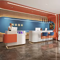 Modern Hotel Lobby Design With Orange White Reception Desk Service Robot And Blue Accent Wall