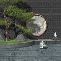 Black Wavy Pattern Feature Wall with Circular Moon Decoration Pine Tree Rocks and Small Fountain 3d model