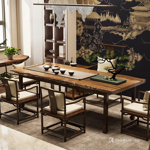 Traditional Wooden Tea Table With Chairs Potted Plant And Wall Art Decoration 3d model 