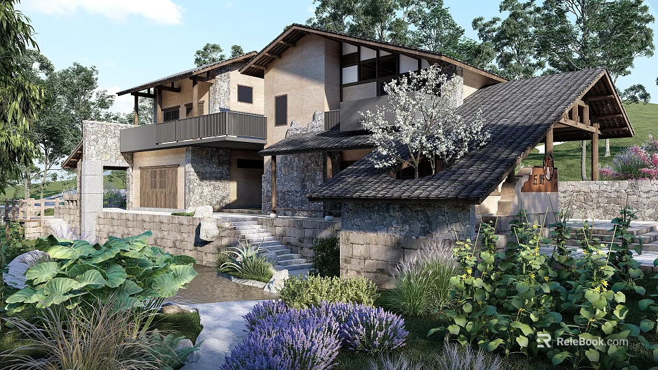 Traditional Ancient Building With Stone Walls Sloped Roof And Lush Garden Plants 3d model 