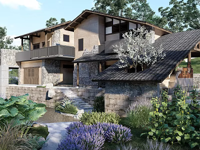 Traditional Ancient Building With Stone Walls Sloped Roof And Lush Garden Plants 3d model