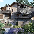 Traditional Ancient Building With Stone Walls Sloped Roof And Lush Garden Plants