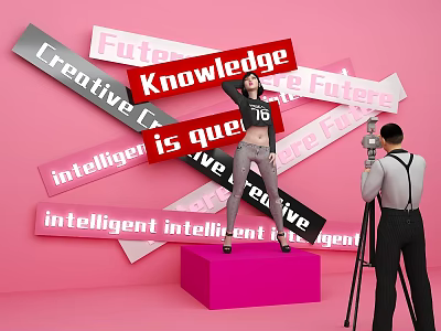 Creative Photo Check-in Spot With Pink Background Colorful Word Signs And Person Standing 3d model
